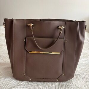 Steve Madden Stefano Tote Bag Brown Saffiano Faux Leather Gold Hardware Carryall